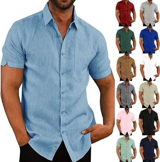 Summer Lapels Solid Color Short Sleeve Button Linen Shirt Men's Clothing by http://Lolyshop.shop