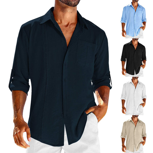 Casual Long Sleeve Shirt With Pocket Lace Polo Collar Solid Color Button Mens Clothing by http://Lolyshop.shop