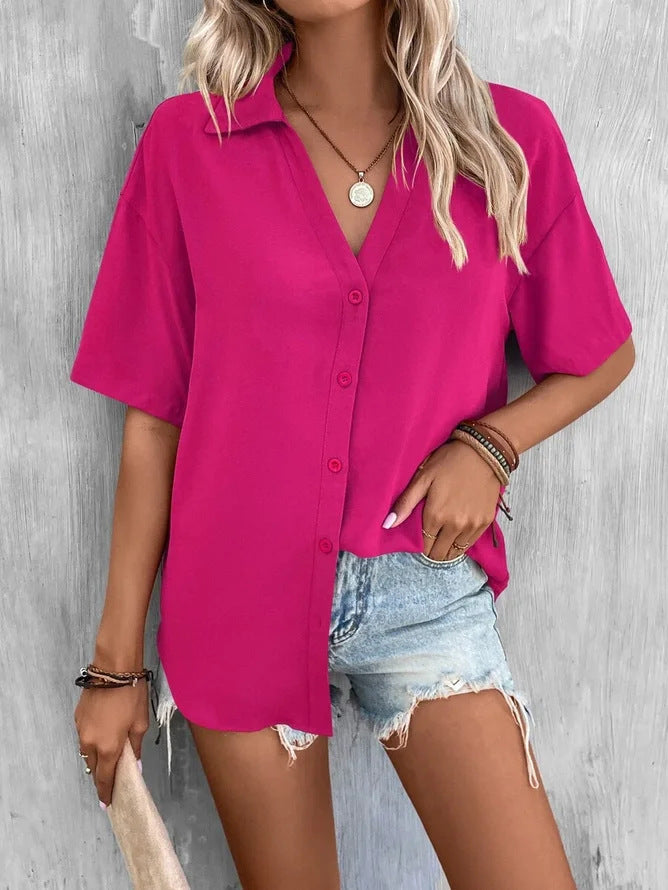 Temperament Pure Color V-neck Shirt Women's Top Short Sleeve by http://Lolyshop.shop
