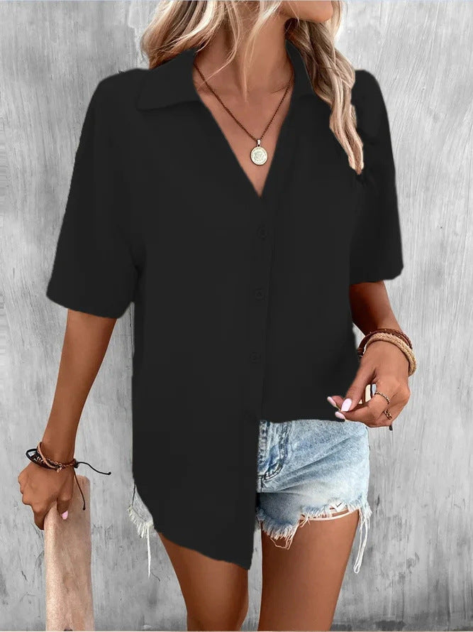 Temperament Pure Color V-neck Shirt Women's Top Short Sleeve by http://Lolyshop.shop