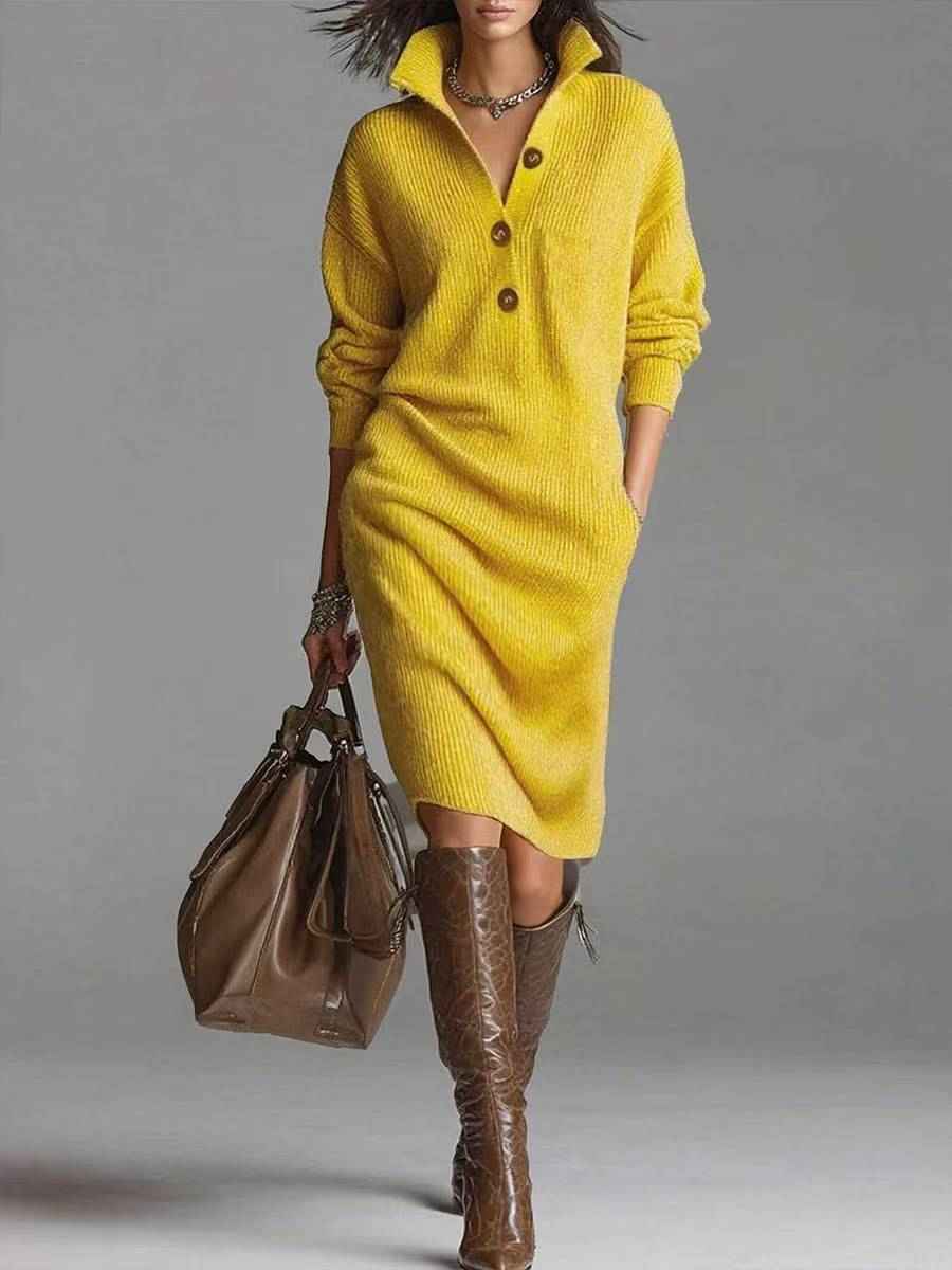 Long-sleeved Sweater Dress Fashion Warm Stand-up Collar V-neck Button Pullover Dresses Winter Casual Commuting Women's Clothing
