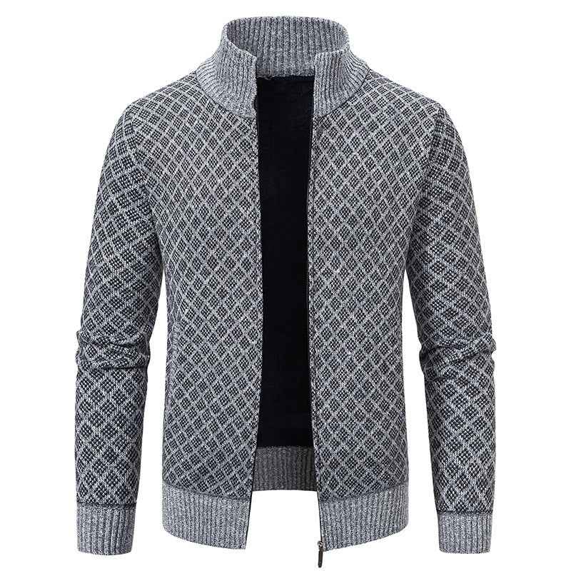 Thickened Plaid Print Jacket Cardigan Fashion Slim Fit Zipper Stand Collar Sweater Winter Men's Casual Long Sleeve Knitted Top Clothing