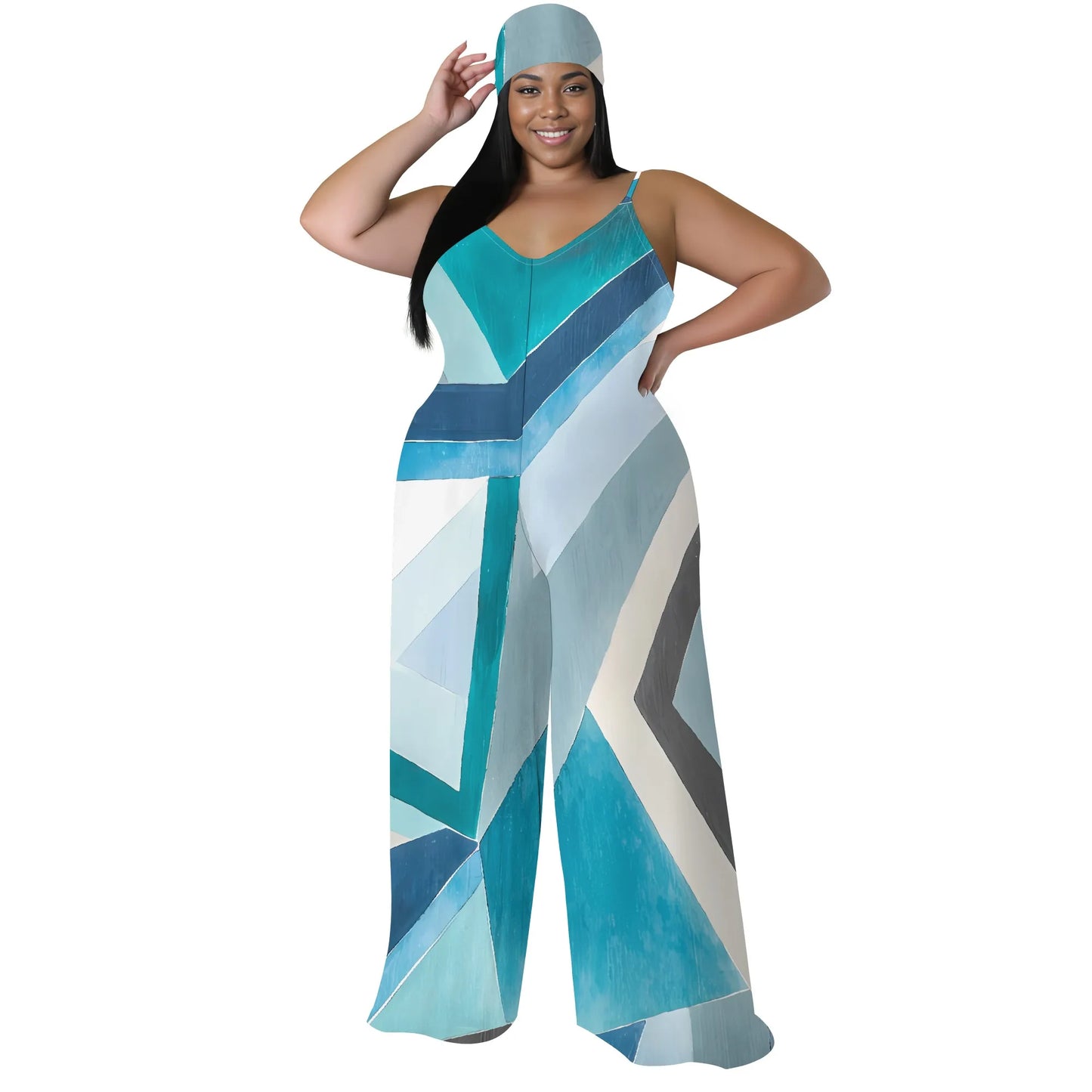 Plus Size Geometric Stripe Jumpsuit with Matching Head Wrap Wide Leg Sleeveless Outfit