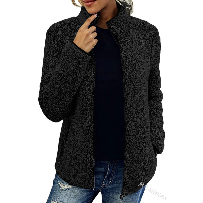 Fall Winter Warm Sweatshirt Stand Collar Solid Color Top Sweater Women's Casual Fashion Long Sleeve Zipper Bubble Velvet Coat Tops - Http:// Lolyshop.shop