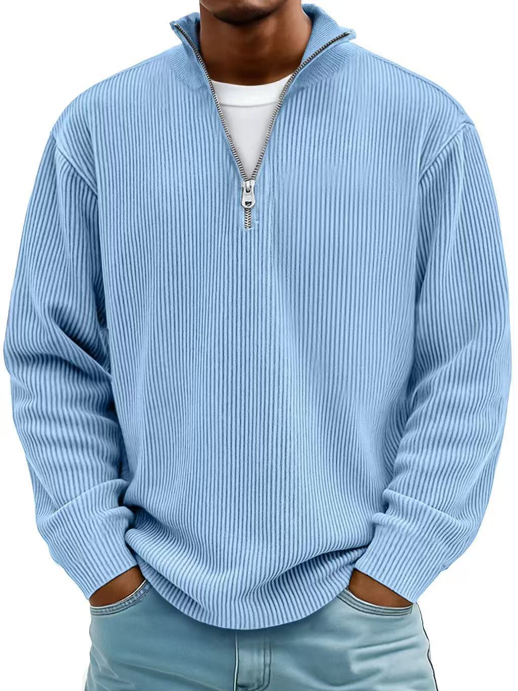 Corduroy Zipper Stand Collar Sweatshirt Fashion Warm Solid Color Long Sleeve Top Men's Casual Polo Shirt Clothing - Http:// Lolyshop.shop