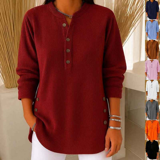 V-neck Buttons Sweater Fashion Casual Solid Color Long-sleeved Tops Women's Blouse T-shirt Clothing