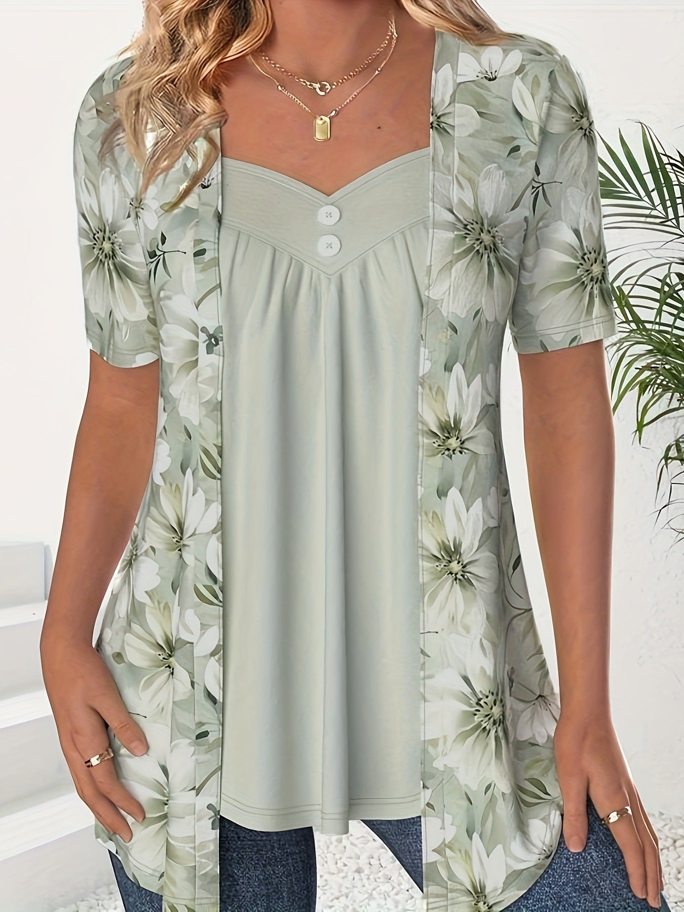 Fake Two Pieces Short Sleeve Printed Fashion Button Top