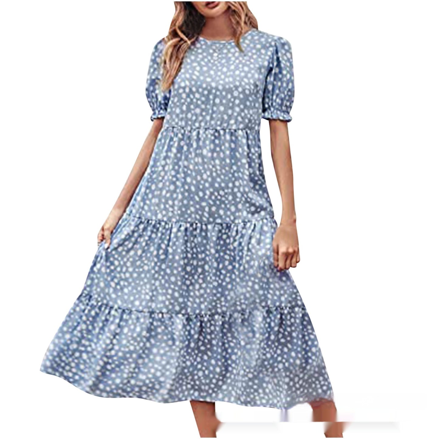 Printed Solid Color Round Neck Short Sleeves Casual Pleated Swing Dress Women