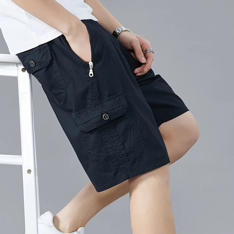 Cotton Cargo Shorts Man Casual Solid Elastic Waist Drawstring Shorts Summer Breathable Lightweight Outdoor Leisure Short Pants