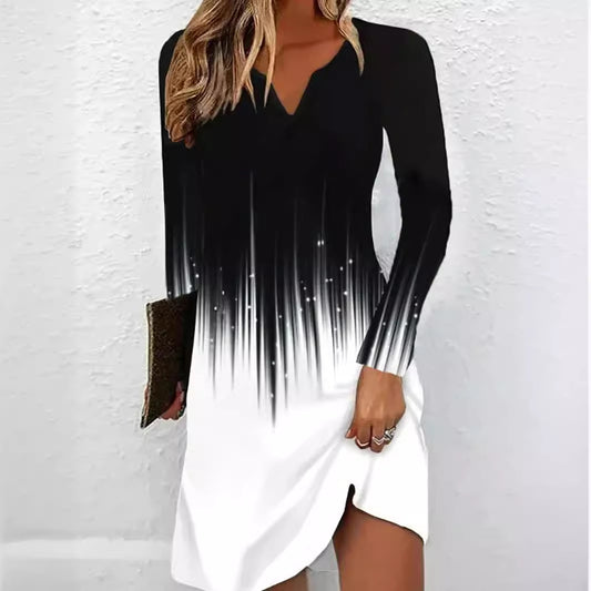 V-neck Black And White Meteor Long Sleeve Slim Fit Dress