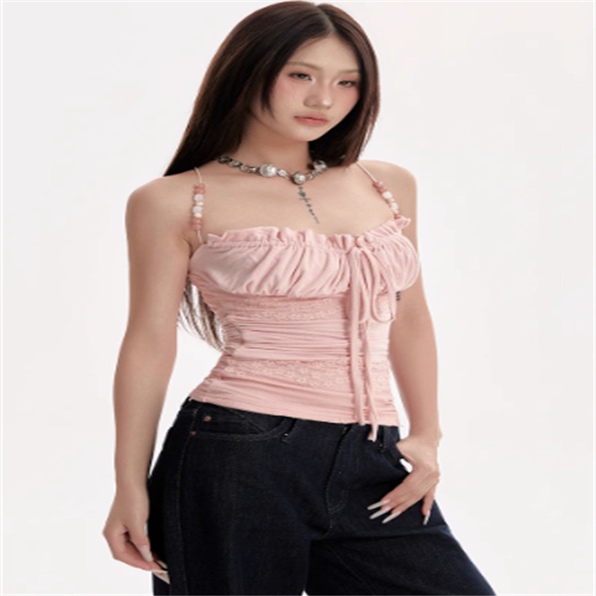 Women's Pink Beaded Shoulder Strap Camisole