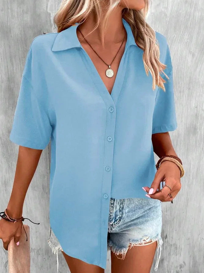 Temperament Pure Color V-neck Shirt Women's Top Short Sleeve by http://Lolyshop.shop