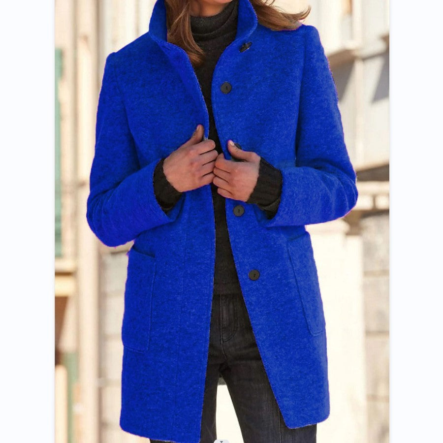 Fashion Stand Collar Woolen Coat With Pockets Fall Winter Casual Button Outwear For Women Clothing - Http:// Lolyshop.shop
