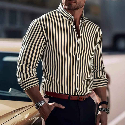 Ins Stripe Printed Long Sleeve Shirt Men Fashion Casual Lapel Button Top Clothing