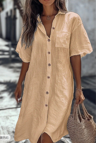 Casual Solid Shirt Dress Lady Fashion Short Sleeve Button Loose Dresses Women Elegant Office Skirt Women's Clothing Summer