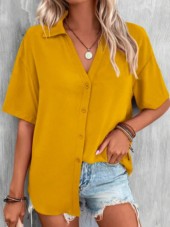Temperament Pure Color V-neck Shirt Women's Top Short Sleeve by http://Lolyshop.shop