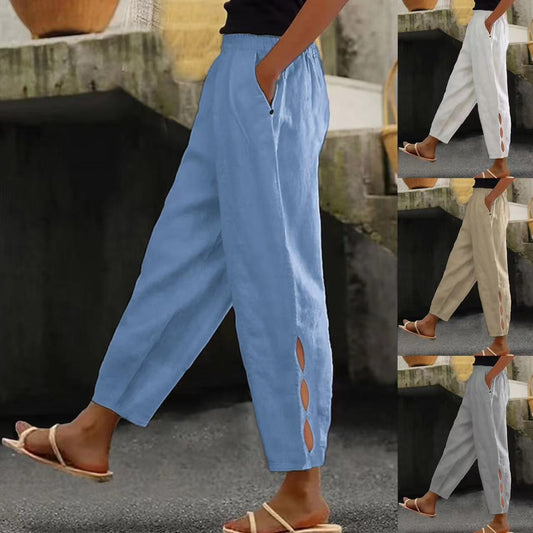 Hollow-Out Ankle Detail Trousers - Button-Adorned Bottom Hem Pants For Women Summer Daily Wear https://Lolyshop.shop