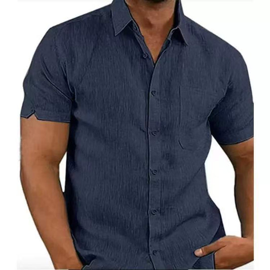 Summer Lapels Solid Color Short Sleeve Button Linen Shirt Men's Clothing by http://Lolyshop.shop