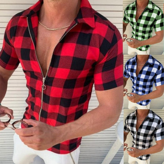 Plaid T Shirt Mens Zipper Short Sleeve Shirts Summer Men Clothing by http://Lolyshop.shop