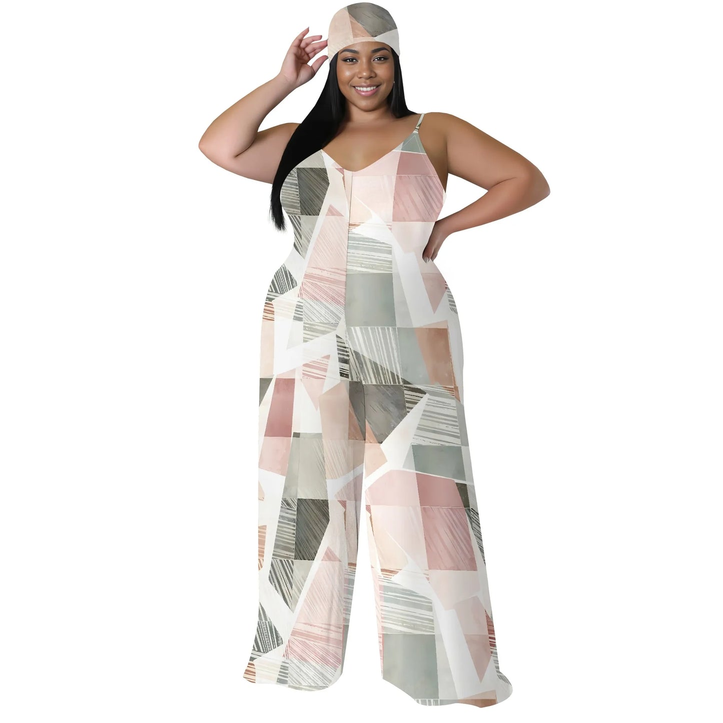 Plus Size Geometric Stripe Jumpsuit with Matching Head Wrap Wide Leg Sleeveless Outfit