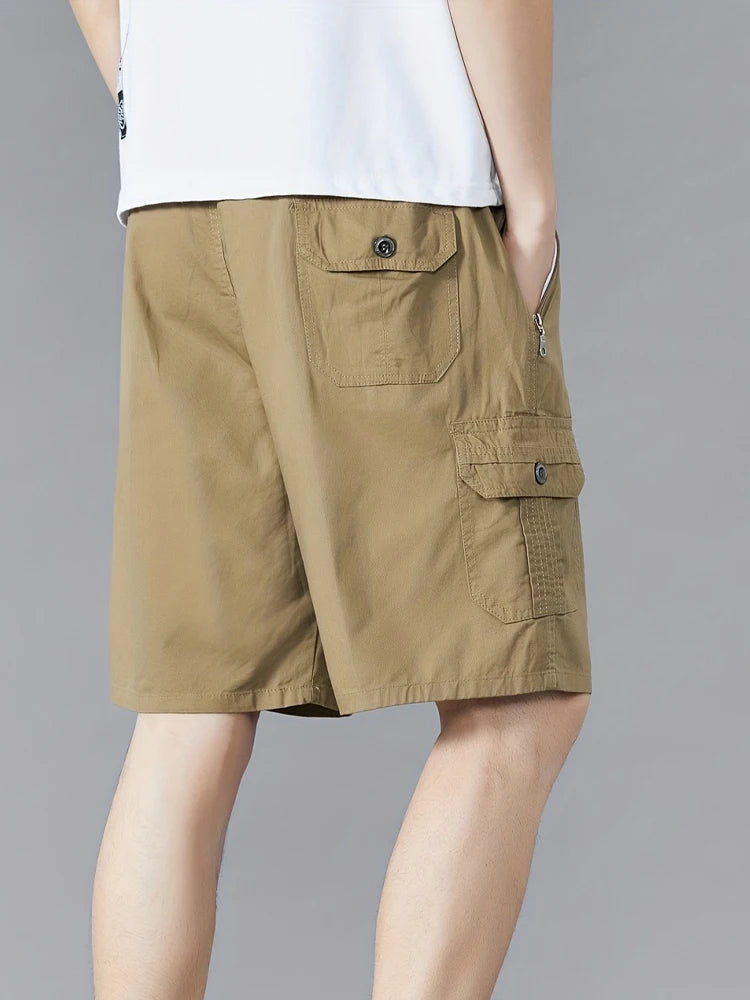 Cotton Cargo Shorts Man Casual Solid Elastic Waist Drawstring Shorts Summer Breathable Lightweight Outdoor Leisure Short Pants