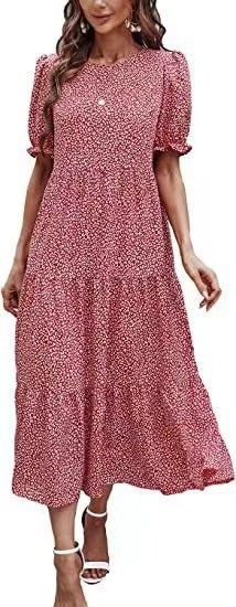 Printed Solid Color Round Neck Short Sleeves Casual Pleated Swing Dress Women
