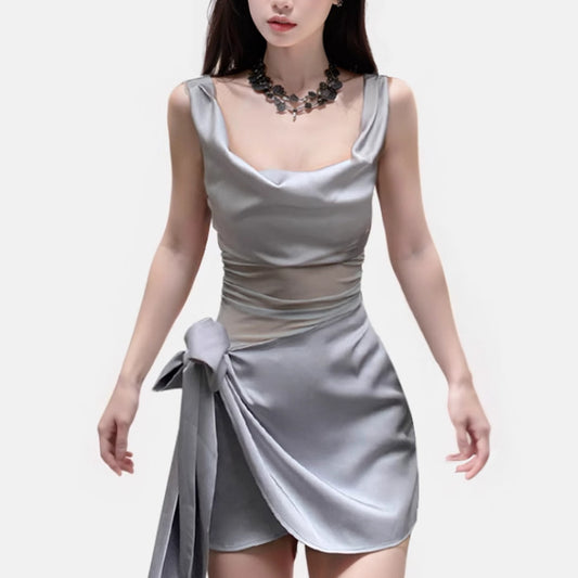 Silver-toned Satin Stretch Cinched Waist Slim Dress