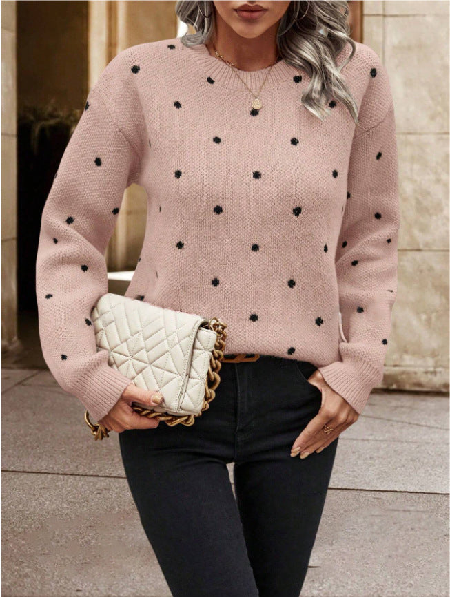 Ins Polka Dot Print Pullover Sweater Fashion Casual Long-sleeved Jacquard Knitted Top Winter Round Neck Clothing For Women - Http:// Lolyshop.shop