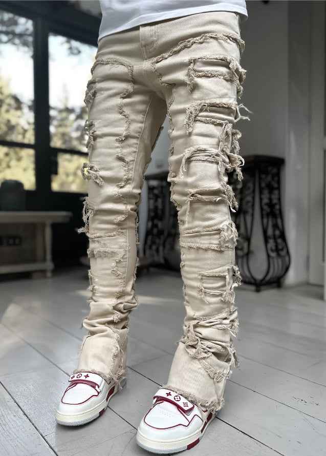 Ins Fringes Ripped Trousers Individual Patched Pants Long Tight Fit Stacked Jeans For Mens Clothing