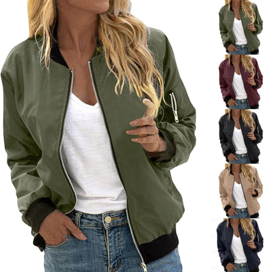 Women's Solid Color Cool Girl Baseball Jackets Round Neck Zipper Vintage Bomber Jacket Autumn Casual Female Bomber Jacket Chic Outerwear by http://Loyshop.shop