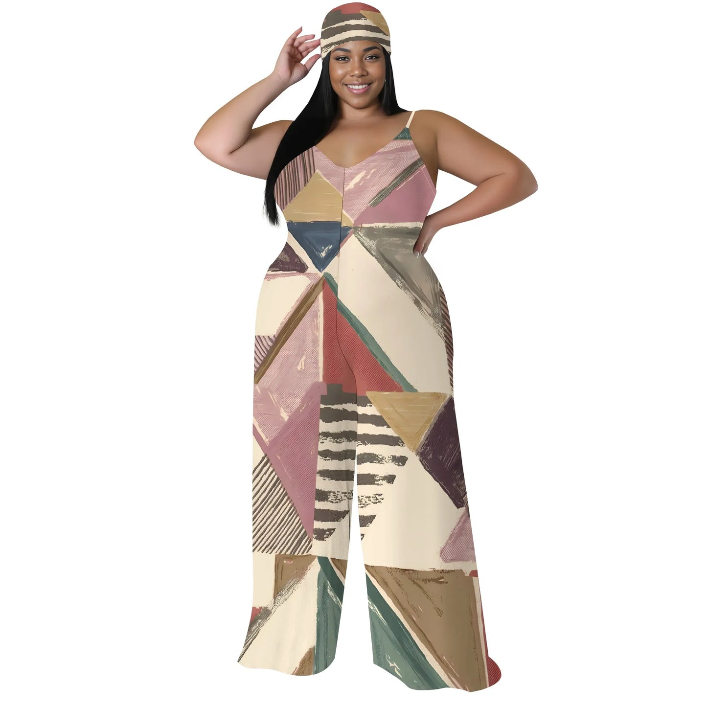 Plus Size Geometric Stripe Jumpsuit with Matching Head Wrap Wide Leg Sleeveless Outfit