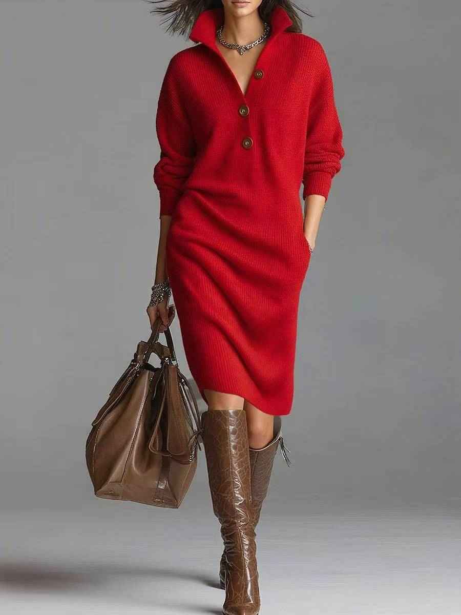 Long-sleeved Sweater Dress Fashion Warm Stand-up Collar V-neck Button Pullover Dresses Winter Casual Commuting Women's Clothing