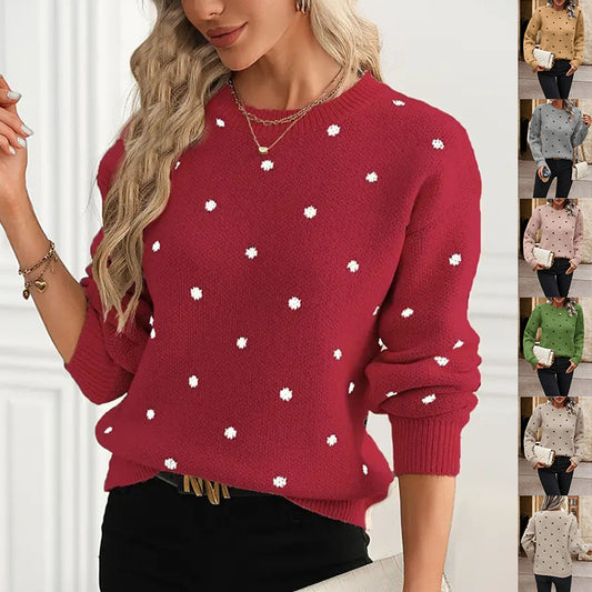 Ins Polka Dot Print Pullover Sweater Fashion Casual Long-sleeved Jacquard Knitted Top Winter Round Neck Clothing For Women - Http:// Lolyshop.shop