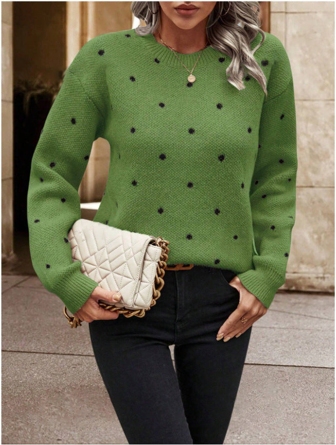 Ins Polka Dot Print Pullover Sweater Fashion Casual Long-sleeved Jacquard Knitted Top Winter Round Neck Clothing For Women - Http:// Lolyshop.shop