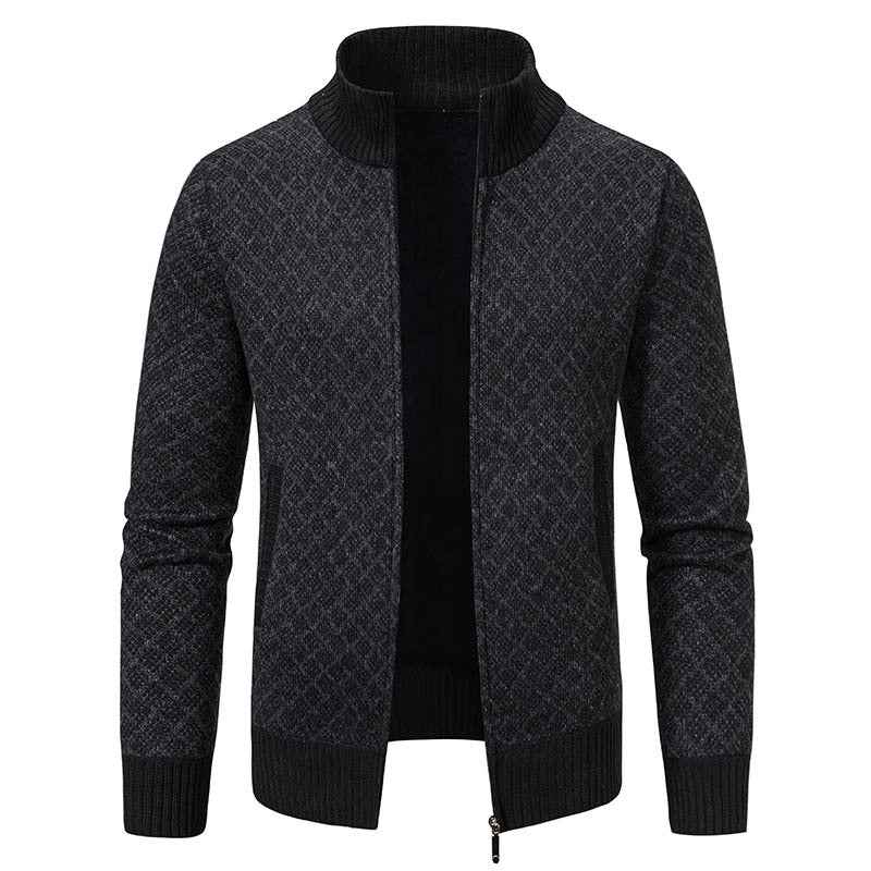 Thickened Plaid Print Jacket Cardigan Fashion Slim Fit Zipper Stand Collar Sweater Winter Men's Casual Long Sleeve Knitted Top Clothing
