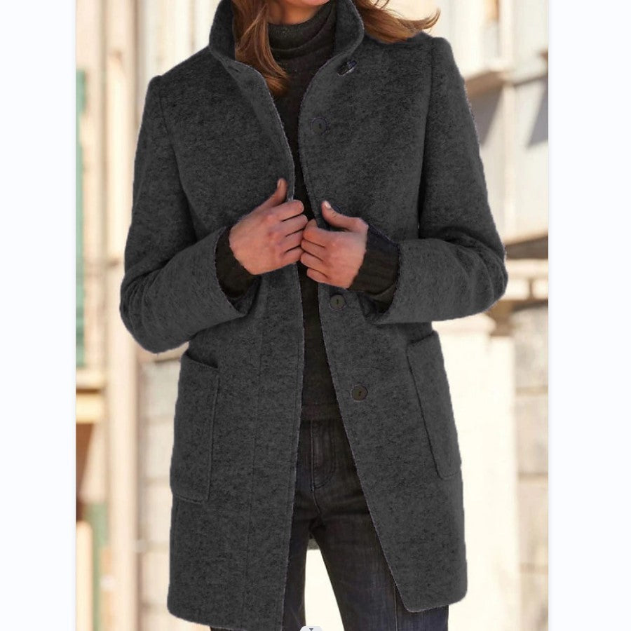 Fashion Stand Collar Woolen Coat With Pockets Fall Winter Casual Button Outwear For Women Clothing - Http:// Lolyshop.shop