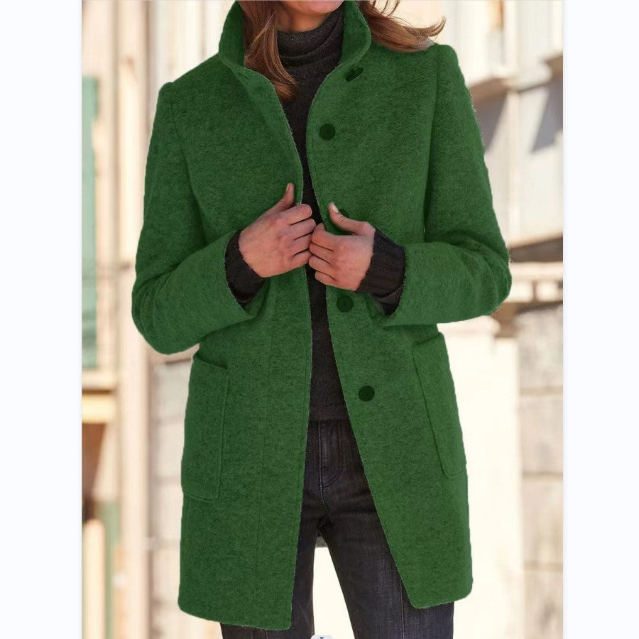 Fashion Stand Collar Woolen Coat With Pockets Fall Winter Casual Button Outwear For Women Clothing - Http:// Lolyshop.shop