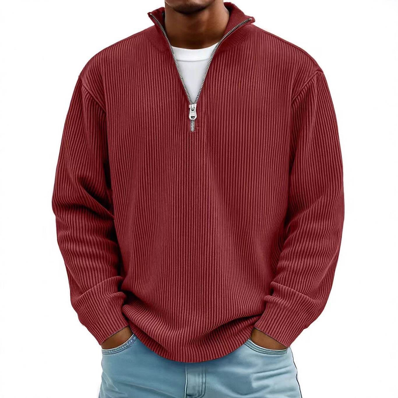 Corduroy Zipper Stand Collar Sweatshirt Fashion Warm Solid Color Long Sleeve Top Men's Casual Polo Shirt Clothing - Http:// Lolyshop.shop