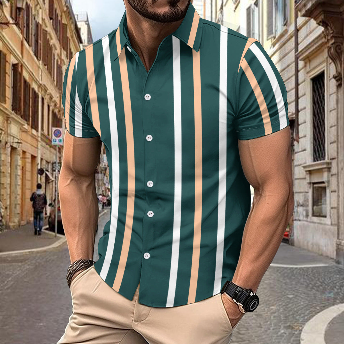 Casual Striped Printed Short Sleeve Shirt Summer Lapel Button Top Men's Clothing by http://Lolyshop.shop