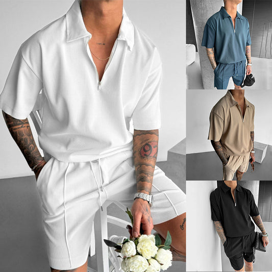 Summer Fashion Mens Clothing Men's Suits New Zipper Polo Casual Short Sleeve Drawstring Shorts Men's Set by http://Lolyshop.shop