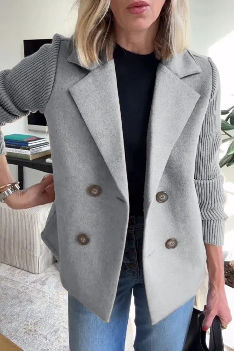Double Breasted Lapel Jacket Fashion Knitted Sleeves Splicing Design Coat Outerwear Women's Clothing - Http:// Lolyshop.shop