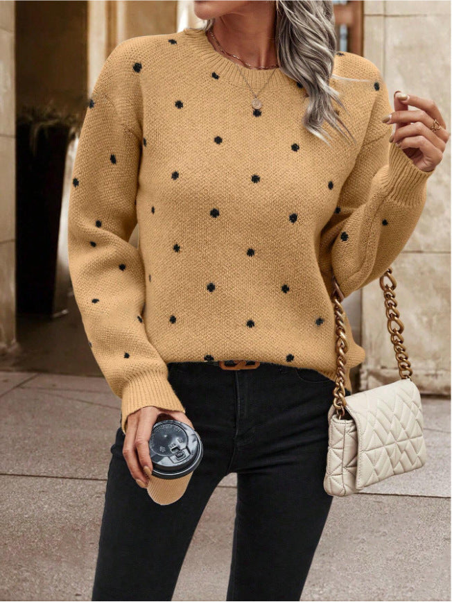 Ins Polka Dot Print Pullover Sweater Fashion Casual Long-sleeved Jacquard Knitted Top Winter Round Neck Clothing For Women - Http:// Lolyshop.shop