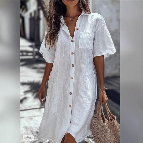 Casual Solid Shirt Dress Lady Fashion Short Sleeve Button Loose Dresses Women Elegant Office Skirt Women's Clothing Summer