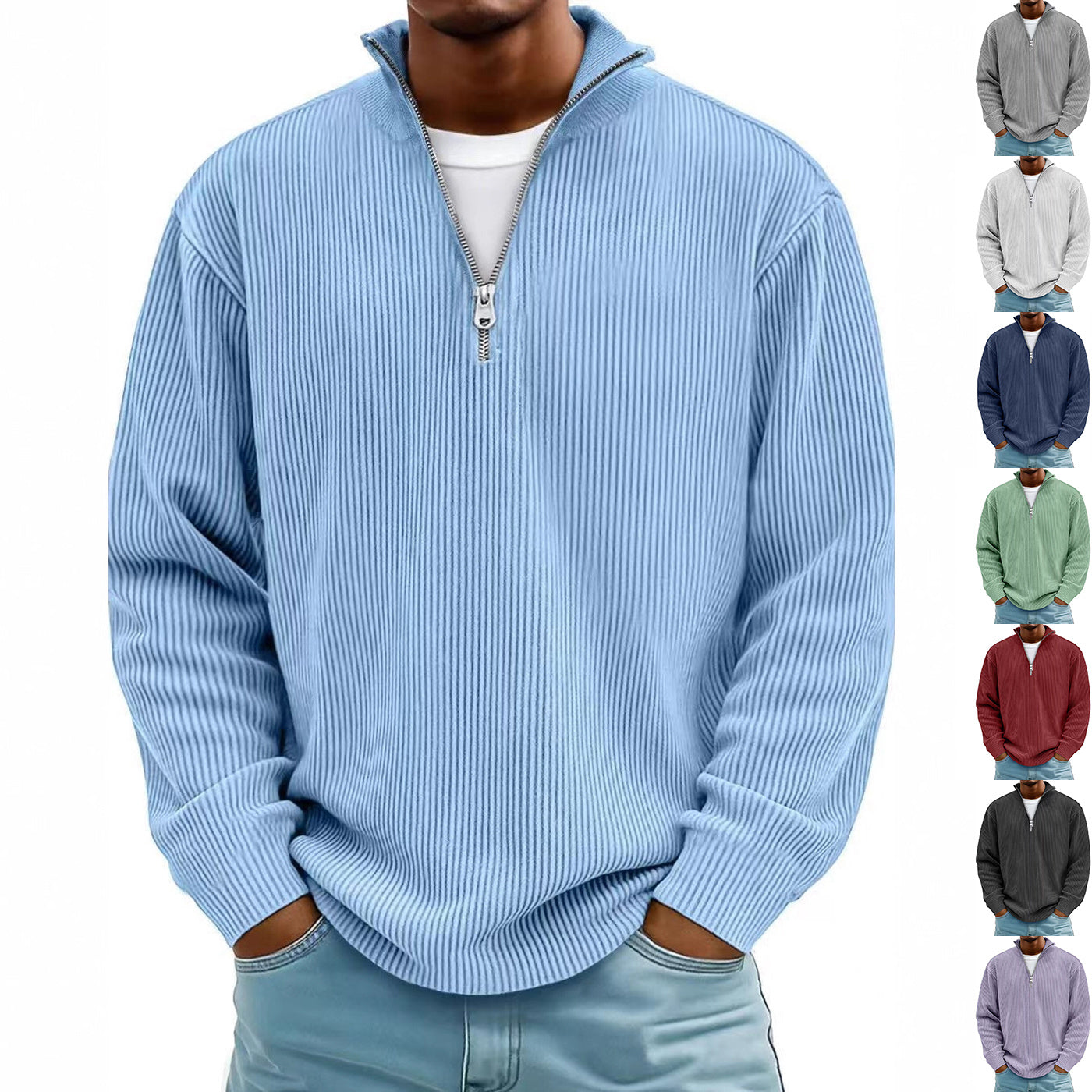 Corduroy Zipper Stand Collar Sweatshirt Fashion Warm Solid Color Long Sleeve Top Men's Casual Polo Shirt Clothing - Http:// Lolyshop.shop