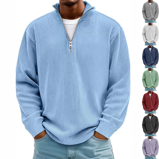 Corduroy Zipper Stand Collar Sweatshirt Fashion Warm Solid Color Long Sleeve Top Men's Casual Polo Shirt Clothing - Http:// Lolyshop.shop