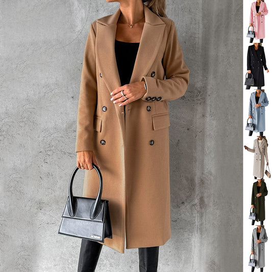 Double Breasted Lapel Coat Winter Fashion Solid Slim Long Jacket Long Sleeve Tops Womens Clothing by http://Loyshop.shop