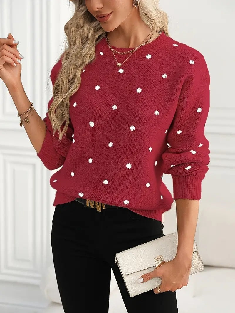 Ins Polka Dot Print Pullover Sweater Fashion Casual Long-sleeved Jacquard Knitted Top Winter Round Neck Clothing For Women - Http:// Lolyshop.shop