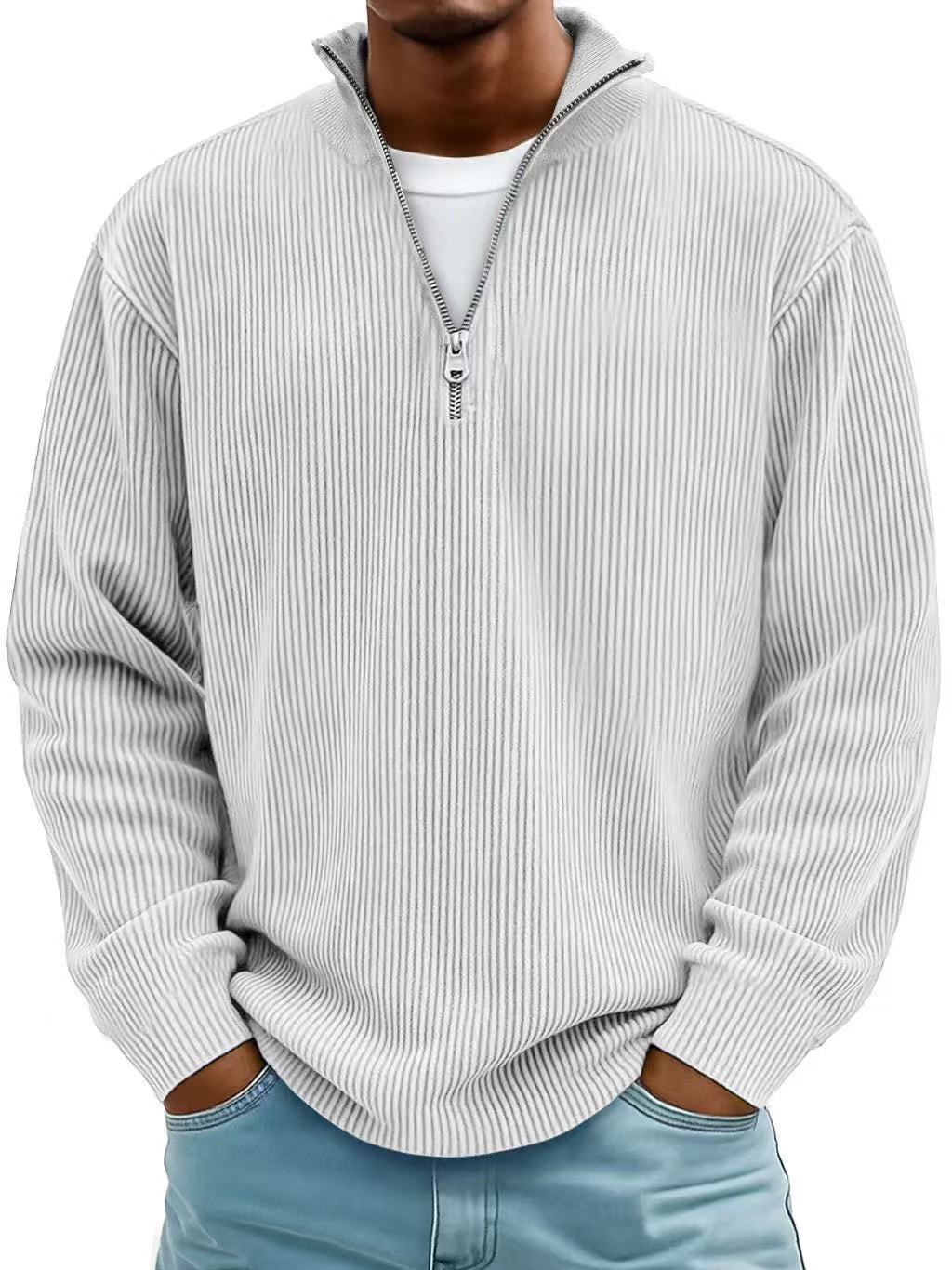 Corduroy Zipper Stand Collar Sweatshirt Fashion Warm Solid Color Long Sleeve Top Men's Casual Polo Shirt Clothing - Http:// Lolyshop.shop