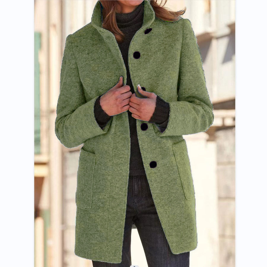 Fashion Stand Collar Woolen Coat With Pockets Fall Winter Casual Button Outwear For Women Clothing - Http:// Lolyshop.shop
