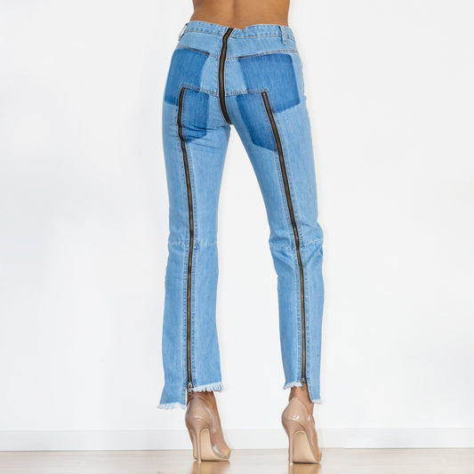 Shascullfites Women Split Straight Jeans Women Club Dancing Pants Light Blue Denim Pants Slim Fit Zipper Jeans